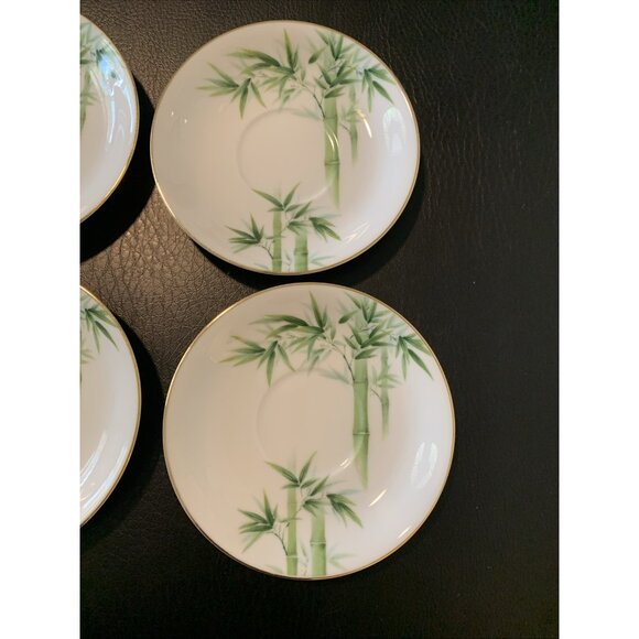 6 Noritake Toki Kaisha Footed Cup and Saucer Sets Green Bamboo Pattern 1960s Vtg - Picture 9 of 12